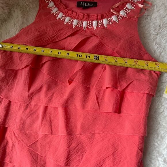 NWT S. L. Fashions Peach layered ruffles dress white beaded neck line dr… - Picture 2 of 8